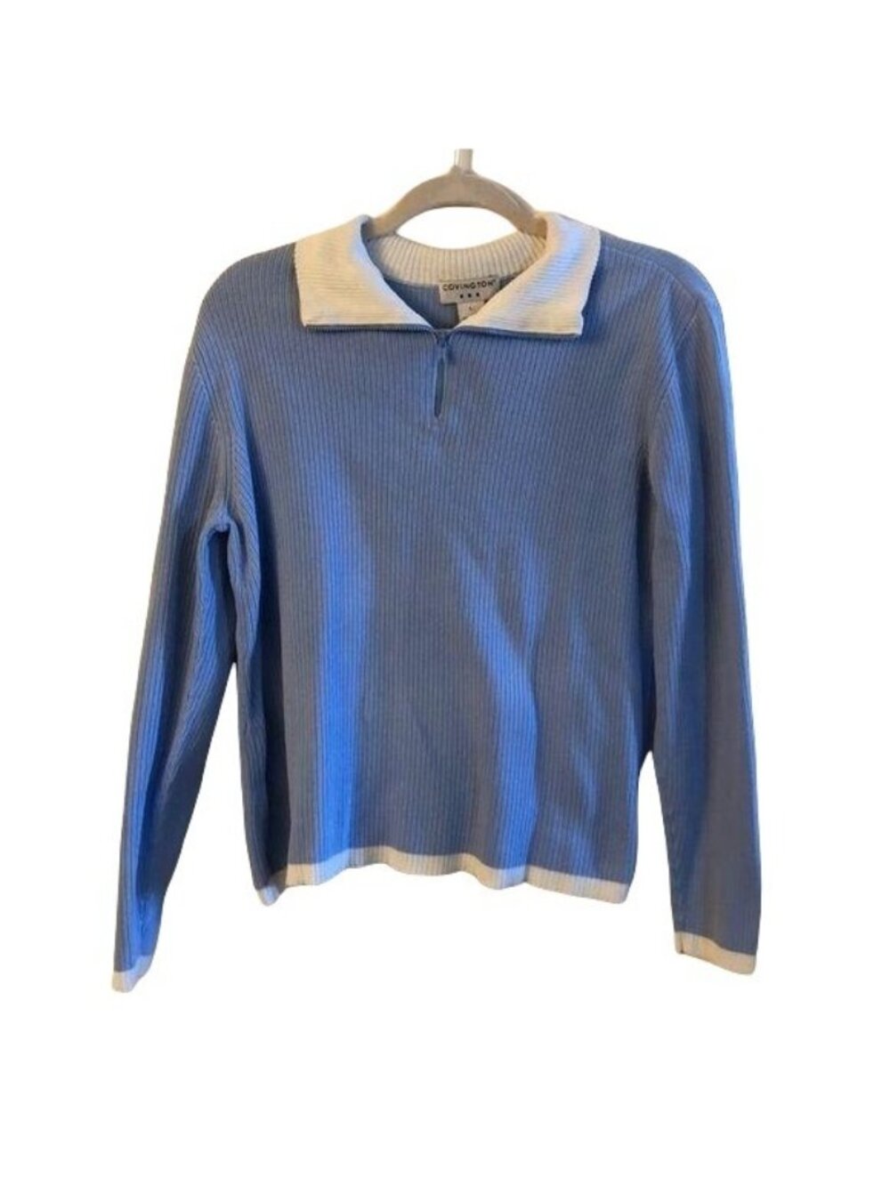 Covington Blue & White Ribbed Cotton Zip-Up Sweater L